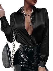 MakeMeChic Women's Satin Silk Long Sleeve Blouse