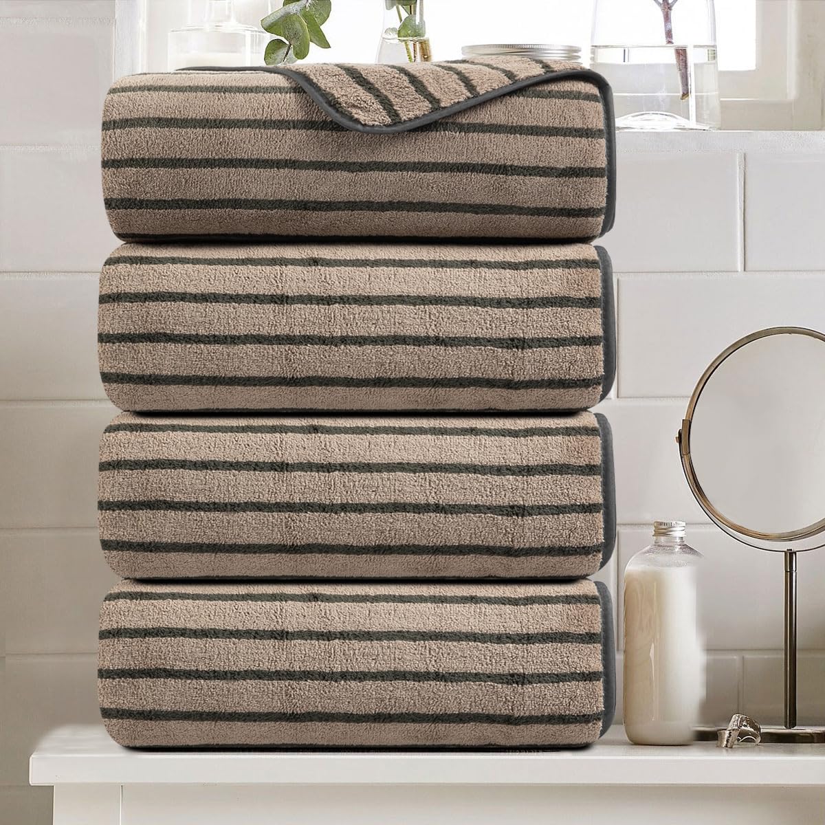 Photo 1 of 4 Piece Brown Cabana Stripe Large Bath Towels Oversized Bath Sheet Super Soft Breathable Jumbo Bathroom Towels Highly Absorbent Shower Towel Quick Dry Beach Chair Towel Spa Gym Hotel Towel Set