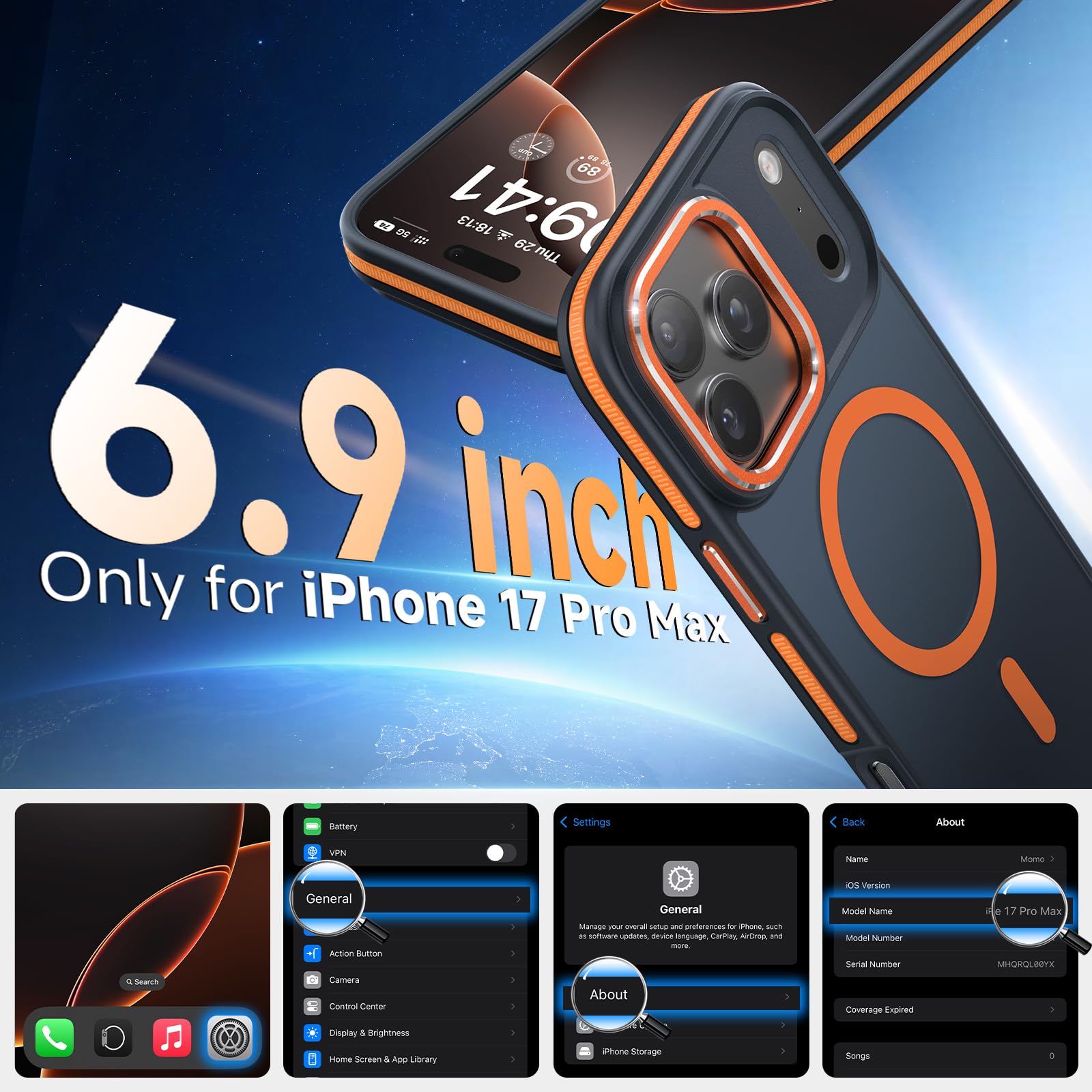 Magnetic 3 in 1 for iPhone 17 Pro Max Case, [Omni-Directional Protection] with 1x Screen Protector + 1x Camera Cover, [Seamless Work with Magsafe] Protective Case for iPhone 17 Pro Max Cosmic Orange