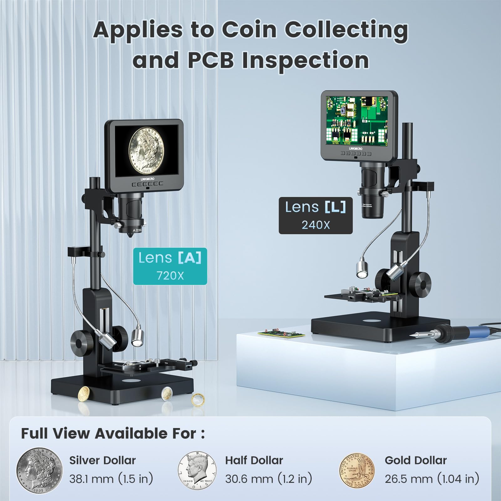 LINKMICRO LM266S 5 Lens HDMI Digital Microscope 5000X for Adults, Lab Biological Microscope with Screen for Slides, Mechanical X-Y Stage, UHD 2160P Video, 7