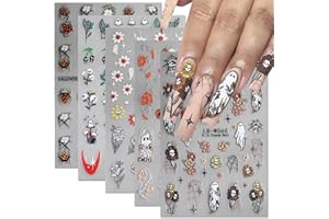 POWPOP Halloween Nail Art Stickers Decals 5PCS Halloween Cute Ghost Flower Nail Stickers Skull Strawberry Spider Flower Nail Designs 5D Embossed Nail Decals for Acrylic Nails Manicure Decorations