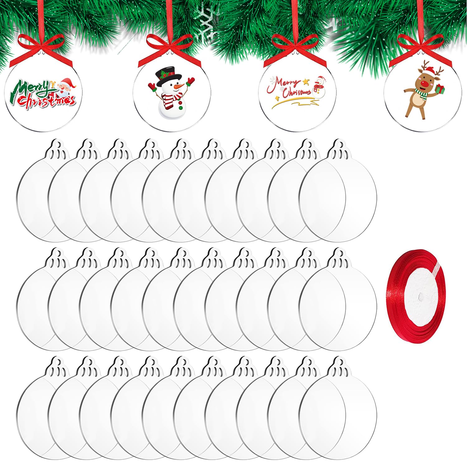 DRERIO 30 Pcs Christmas Bauble Clear Acrylic Disc Ornaments 8.8 ×7.6 cm Round Christmas Ornaments with Ribbon Flat Baubles for Craft, Clear Blank Acrylic Christmas Disc for Tree Party Hanging Decor