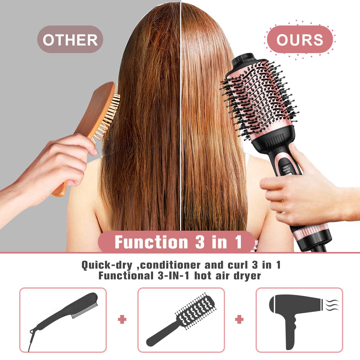 Hot Air Brush, JOMARTO Hair Dryer & Volumizer, Hair Dryer Brush, 3 in 1 Salon Hair Drying Styling Tool, Electric Blow Dryer for Straight, Curly and Wet Hair (Rose Gold) : Beauty