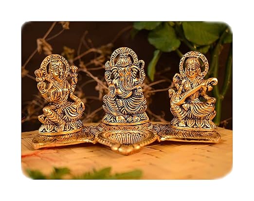 SATMPD Metal Laxmi Ganesh Saraswati Murti Idol Decorative Platter with Diya Diwali Puja and Diwali Gift (Golden)