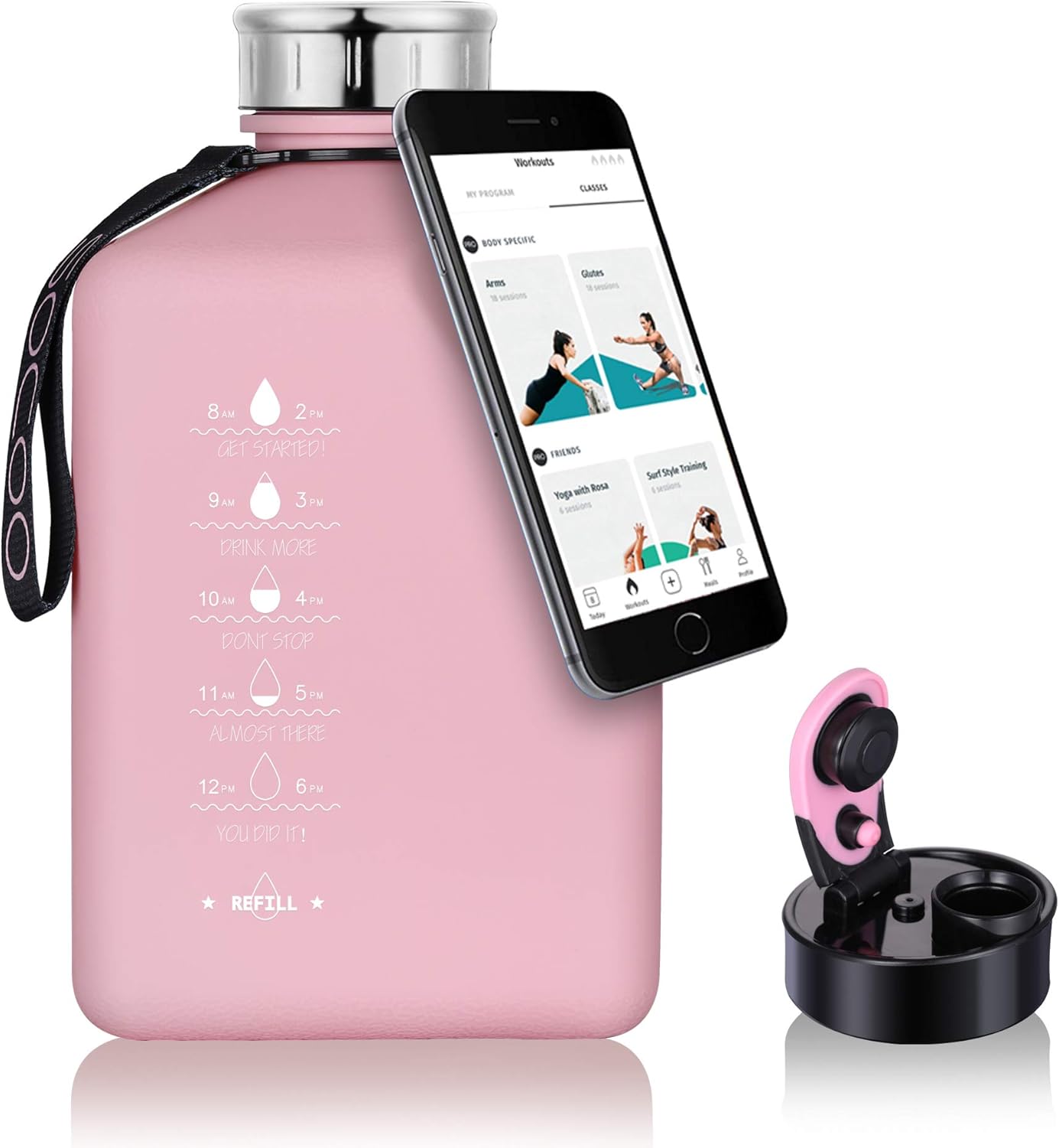 SOCOO Square Gallon Water Bottle 91oz/2.7Litre pink water jug Leak-Proof for Gym Fitness Sport Workout with Time Marker half gallon water bottle with a magnetic plate for holding a phone (91oz Pink)