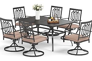 MFSTUDIO 7-Piece Metal Outdoor Patio Dining Furniture Set with 6 Swivel Armrest Chairs and Steel Frame Slat Larger Rectangular Table with 1.57 Umbrella Hole for Poolside, Porch, Backyard