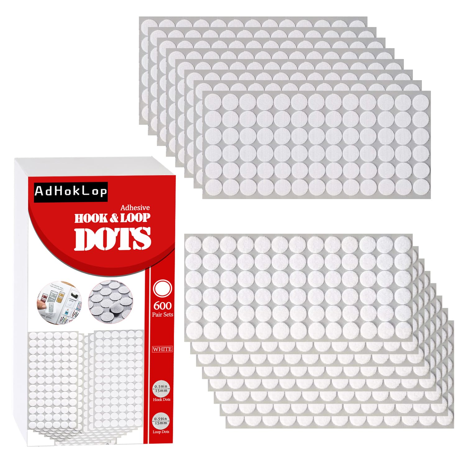 1200 Pcs (600 Pairs) Dots with Adhesive 0.59 Inch Diameter Hook and Loop Fastener Self Adhesive Dots for School Classroom Teacher Supplies (White)