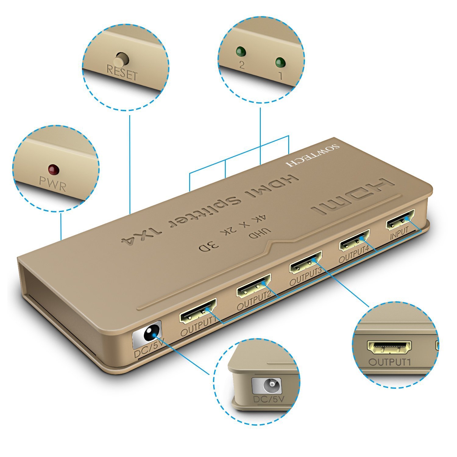 HDMI Splitter SOWTECH 1X4 Ports Powered V1.4b Video Converter with Full Ultra HD 1080P 4K/2K and 3D Resolutions (1 Input to 4 Outputs) - Gold