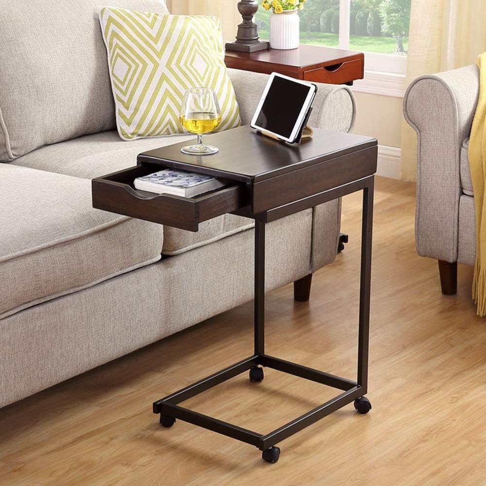 ZHIRONG Portable Mobile Coffee Table Retro Solid Wood Iron
