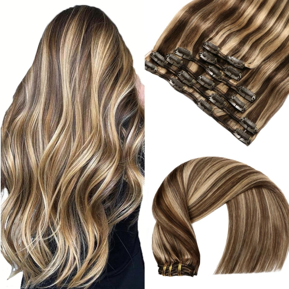 VINBAO Clip in Human Hair Extensions 16 Inch 100g Clip in Hair Extensions Real Human Hair Medium Brown Highlighted Caramel Blonde Hair extensions Clip ins 6pcs 18 Clips Double Weft (#C4P27, 16'') — image 1