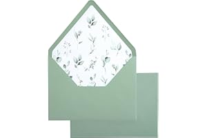 PONATIA 50PCS A7 Euro Flap Envelope, 5.25 x 7.25'' Sage Green Flowers Liner Envelopes for Wedding Invitations, Photos, Postca