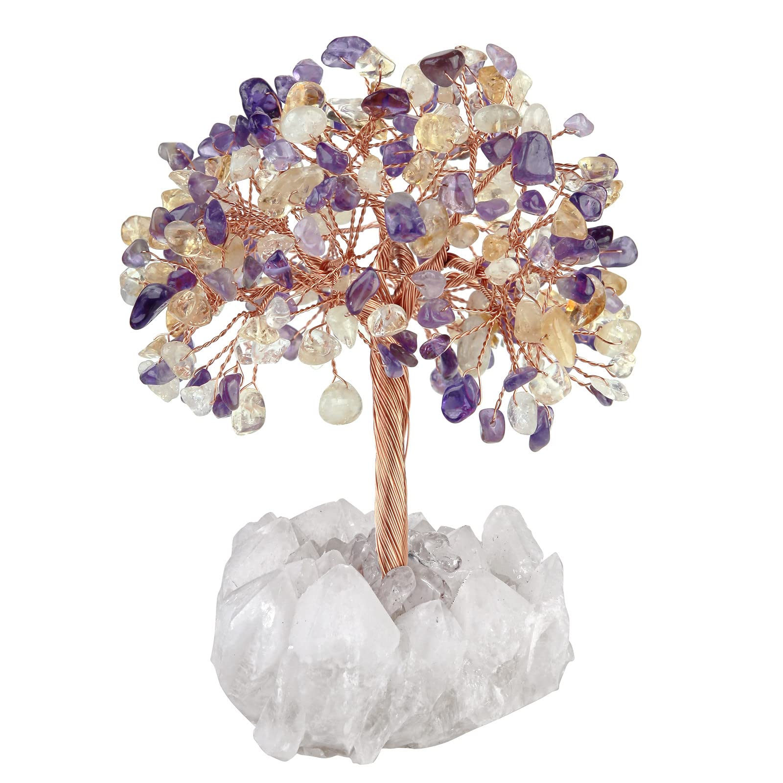 mookaitedecor Natural Amethyst & Citrine Crystal Tree of Life Ornament for Home, Reiki Healing Crystal Money Tree Stone Bonsai Tree with Clear Quartz Base Feng Shui Ornament Gift for Wealth Good Luck
