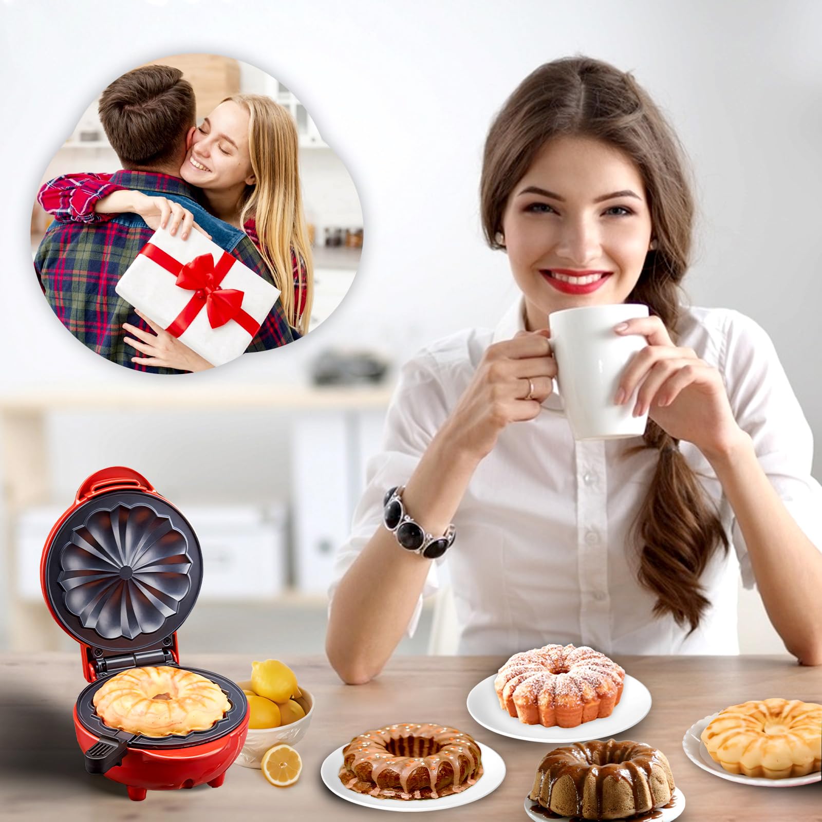 Mini Cake Maker, Portable Mini Bundt Cake Maker Double-Sided Heating, electric cupcake makers for Breakfast, Cake, Snacks (Red)