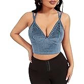 HDZIYU Women's Black Velvet Ribbed Crisscross Back Crop Cami, Sexy V Neck Slim Fit Tank Top, Standard XS-XL for Daily Party