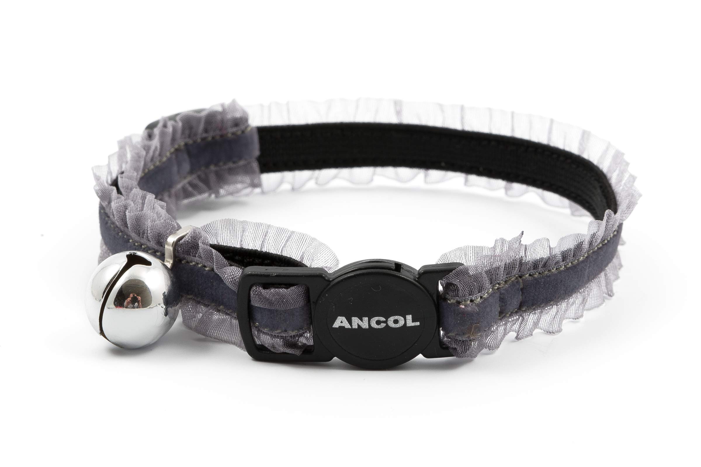 Ancol Safety Cat Collar in Grey Velvet Frills - Comfortable Pet Accessory with Break Away Buckle - Kitten Training Walking Neckband