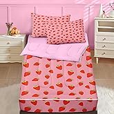 Nesker Zipper Bedding Twin Sweet Pink Fruit Zip Up Bedding Set for Girls and Kids, Cute Strawberry 3 Pcs Comforter Bed in a Bag with Fitted Sheet and 2 Pcs Pillowcases