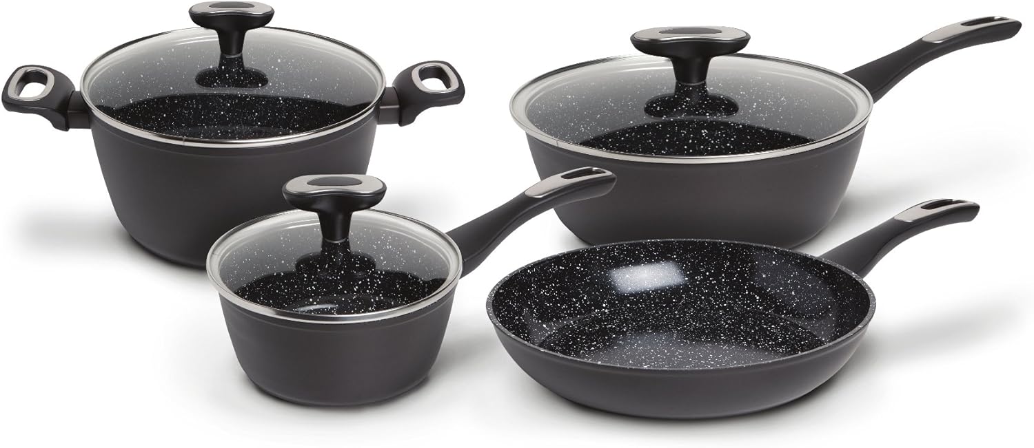 IKO Stratum Triple Layer Ceramic Non Stick 7 Piece Cookware Set Induction Ready Includes 5 Qt. Dutch Oven with Lid, 3.5 Qt. Saute Pan with Lid, 1.5 Qt. Saute Pan with Lid, and 10" Fry Pan