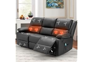 JFHID Reclining Sofa Couch with Massage&Heat Function, Recliner Sofa 3-Seater Modern Manual Control Faux Leather RV Couch, Home Theater Seating Lounge Seat with Side Pockets, Black