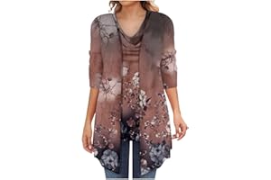 Stutye Women's 3/4 Sleeve Cardigan+Sleeveless Vest Two-Piece Set Casual Printed 3/4 Sleeve Long Cardigan Vest Set Fall