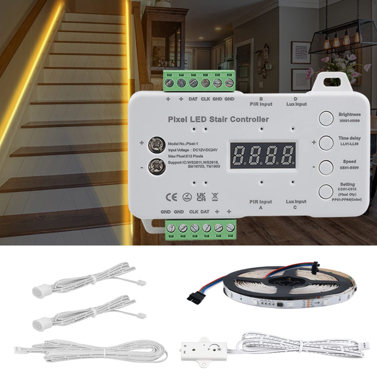 XLSBZ RGB Pixel LED Stair Lights PIR Motion Sensor Controller 5M Led Strip (1 Pcs Controller+5M LED Strip)