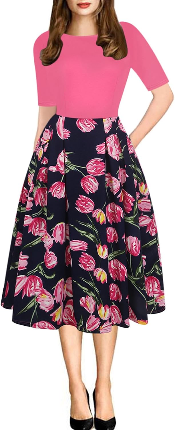 oxiuly Women's Vintage Patchwork Pockets Puffy Swing Casual Party Dress OX165