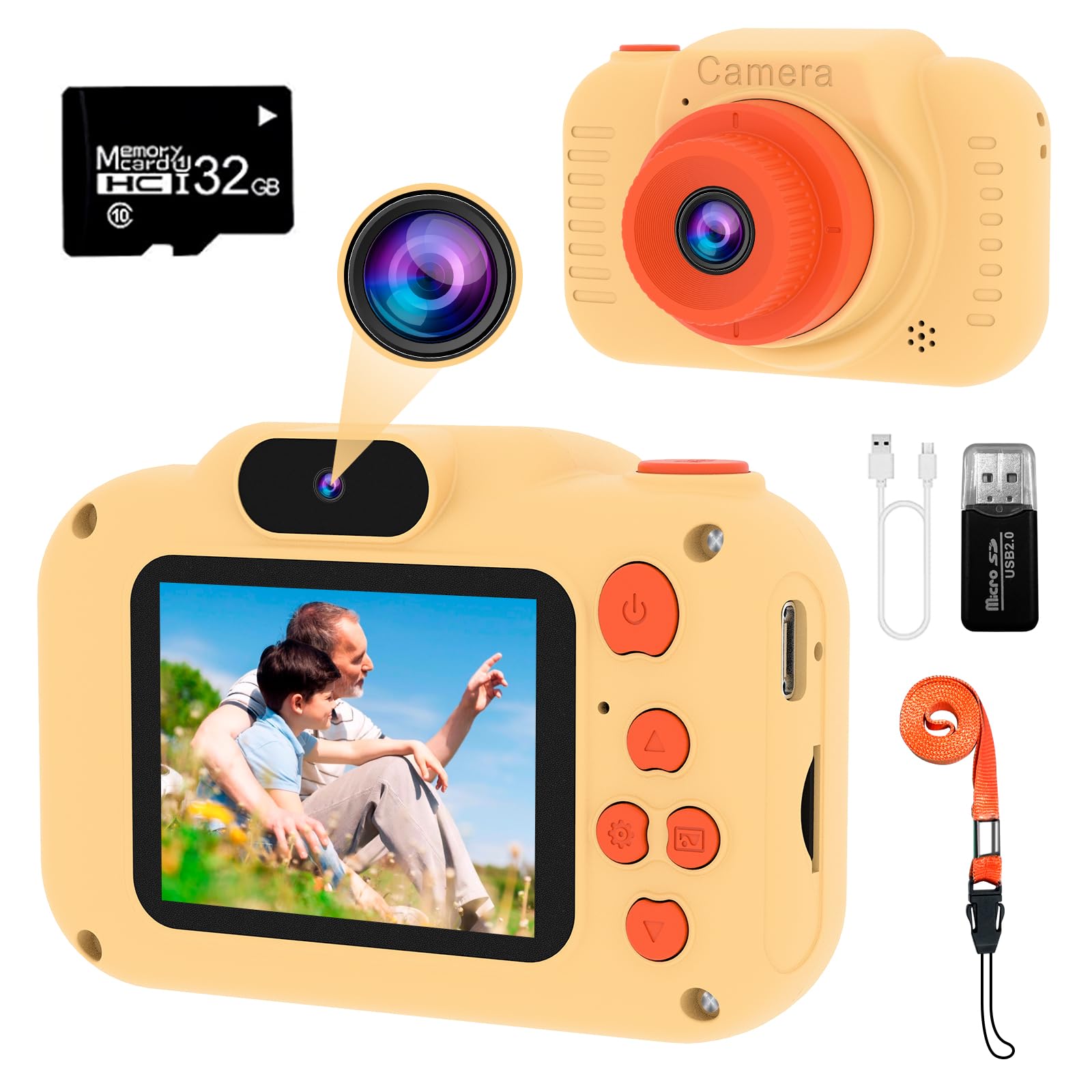 GlobalCrown Kids Camera,Mini Rechargeable Childrens Digital,Video Camcorder Gifts for Boys Girls 3 4 5 6 7 8 Age,HD Video Dual lens selfie Cameras Toys for Outdoor Play(32GB Card Included)