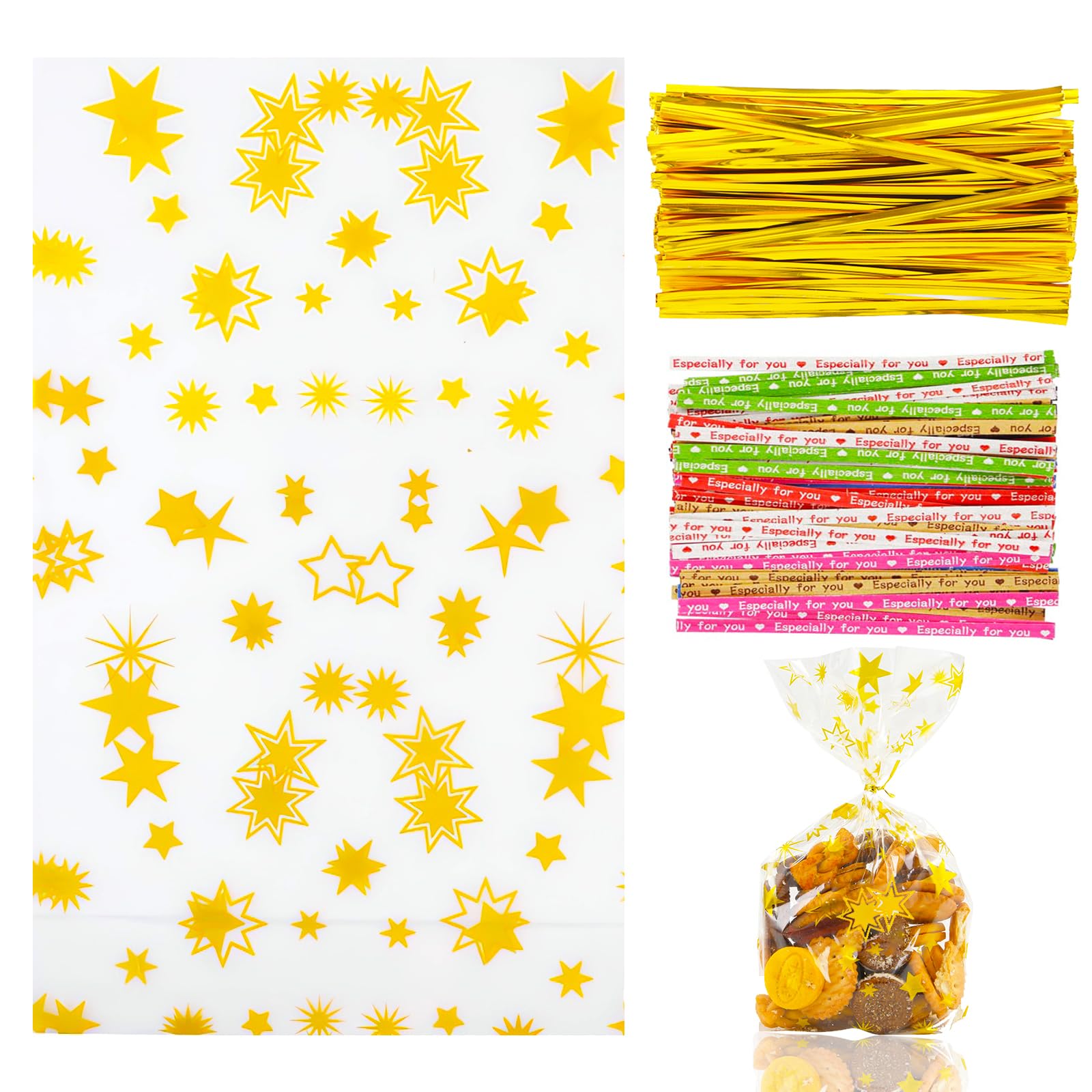 100 Cross Bottom Bags“Gold Stars”14(L) x6(W) x23(H) cm Plastic Favor Bags,Cookies/Candy Foil Cellophane Treat Bags for Filling Christmas Easter Wedding Thanksgiving Birthday Party+100 Colorful Ribbon