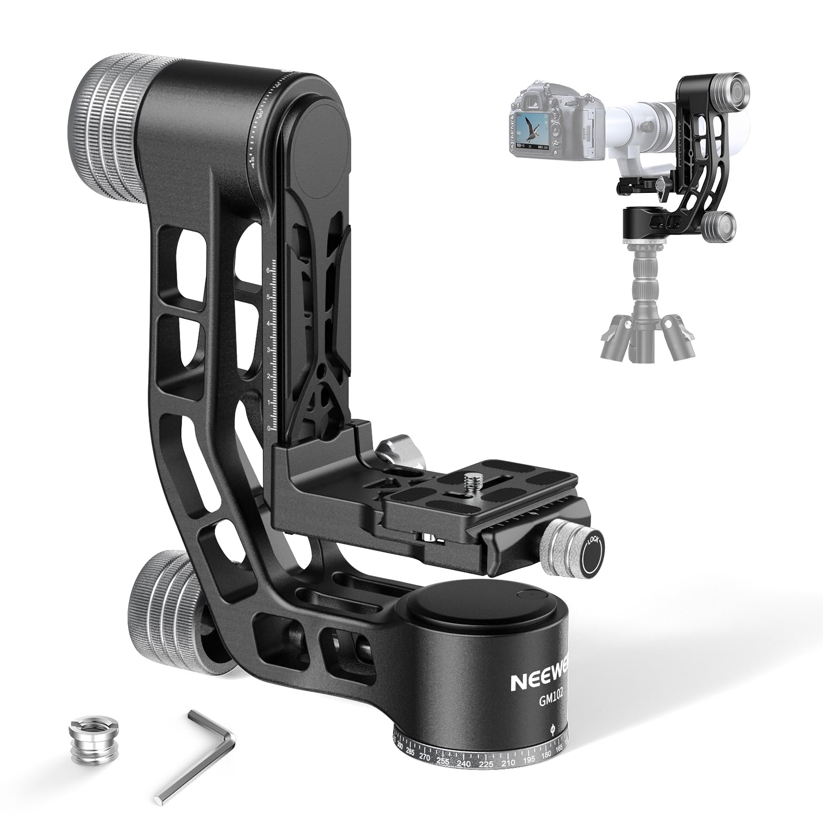 Photo 1 of NEEWER GM102 Gimbal Head for Tripod Monopod Telephoto Lenses, 360° Panoramic Camera Tripod Head, 3 Axis Adjustment, Heavy Duty CNC Aluminum Alloy, Arca Type Quick Release System, Max Load 33lb/15kg