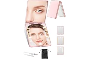 SISKOKORO Compact Mirror, Rechargeable 30X Magnifying Mirror with 3 Lighting Modes & Dimmable Brightness, Portable Travel Makeup Mirror with Light, Essentials for Travel, Pocket, Purse, Gifts for Women Pink