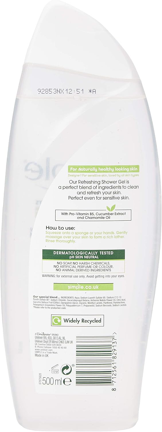 Simple Kind to Skin Refreshing Shower Gel pack of 6 UK's #1 facial skin care brand* body wash for all skin types 500 ml - Image 3