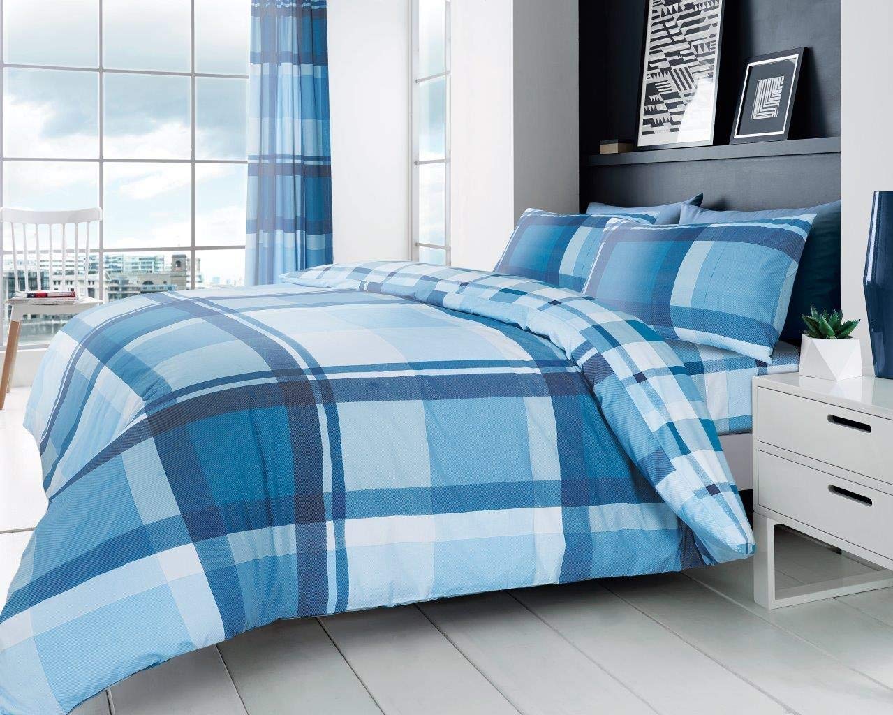 GC GAVENO CAVAILIA Premium Waverly Check Bedding Set and Pillowcase, Easycare Reversible Quilt Duvet Cover, 50% Polyester & 50 Cotton, Blue, Single