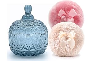 YILUSHENGHUA Luxury 4 Inch Glass Powder Container with 2 Soft 3.5" Puffs｜Non-Sealed Refillable Organizer for Makeup & Jewelry｜ Body Powder Jar(Crown-Grey Blue)