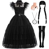 Cabeny Women Girls Black Dress for Halloween Costume with Accessories Wig Necklace for Role Cosplay Birthday Party