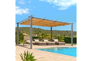 EROMMY 12 x 16 FT Pergola, Aluminum Pergola with Retractable Canopy, Upgraded Shelter with Adjustable and Removable Sun Shade Canopy for Patio, Garden, Deck, Beige