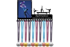 CREATCABIN Gymnastics Medal Hanger Display Medals Holder Rack with Photo Frame Metal Sports Hanging Athlete Awards Wall Mount with 20 Hooks for Football Competition Ribbon Medals Black 16.5x9.8Inch