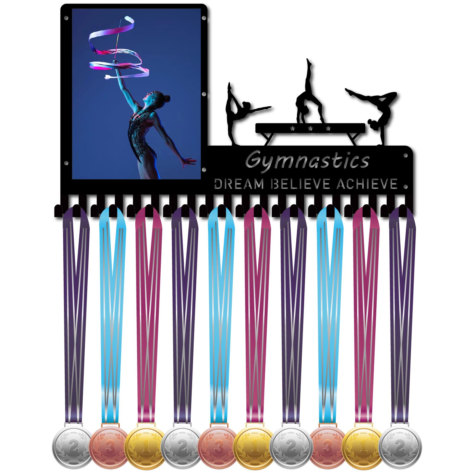 CREATCABIN Gymnastics Medal Hanger Display Medals Holder Rack with Photo Frame Metal Sports Hanging Athlete Awards Wall Mount with 20 Hooks for Football Competition Ribbon Medals Black 16.5x9.8Inch