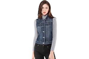 Allegra K Women's Buttoned Washed Denim Vest Jacket W Chest Flap Pockets