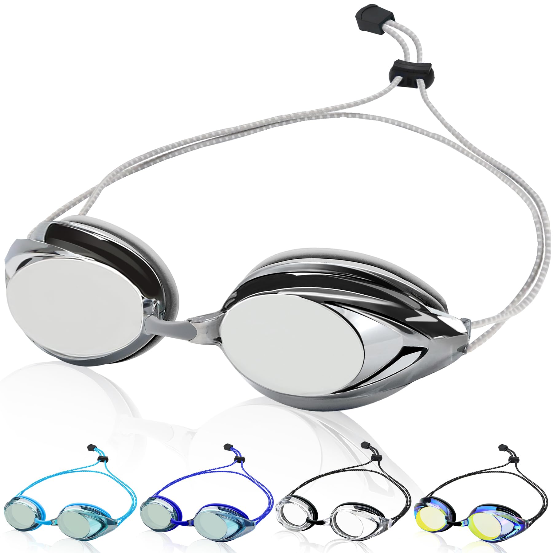Photo 1 of Otionus Swim Goggles for Adult Men Women Youth, Bungee Strap Swimming Goggles No Hair Pulling Mirrored/Clear Lens Goggles
