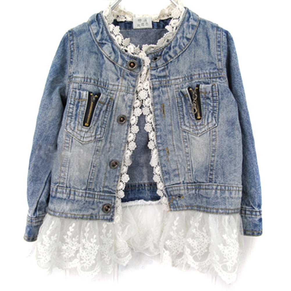 Urparcel Girls Jacket Denim Jean Lace Outerwear Overcoat Cowboy Coat Collarless