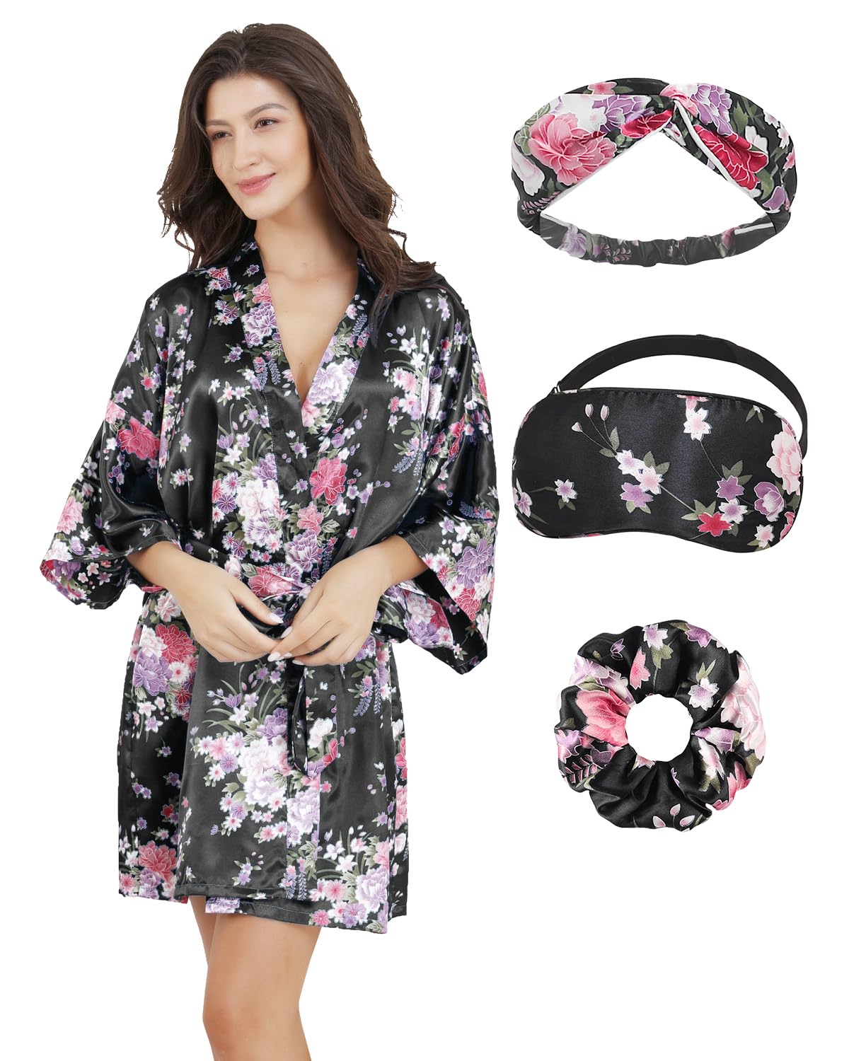 Photo 1 of EPLAZA Women Floral Satin Robe Bridal Dressing Gown Wedding Bride Bridesmaid Kimono Sleepwear (Black, Small-Medium)