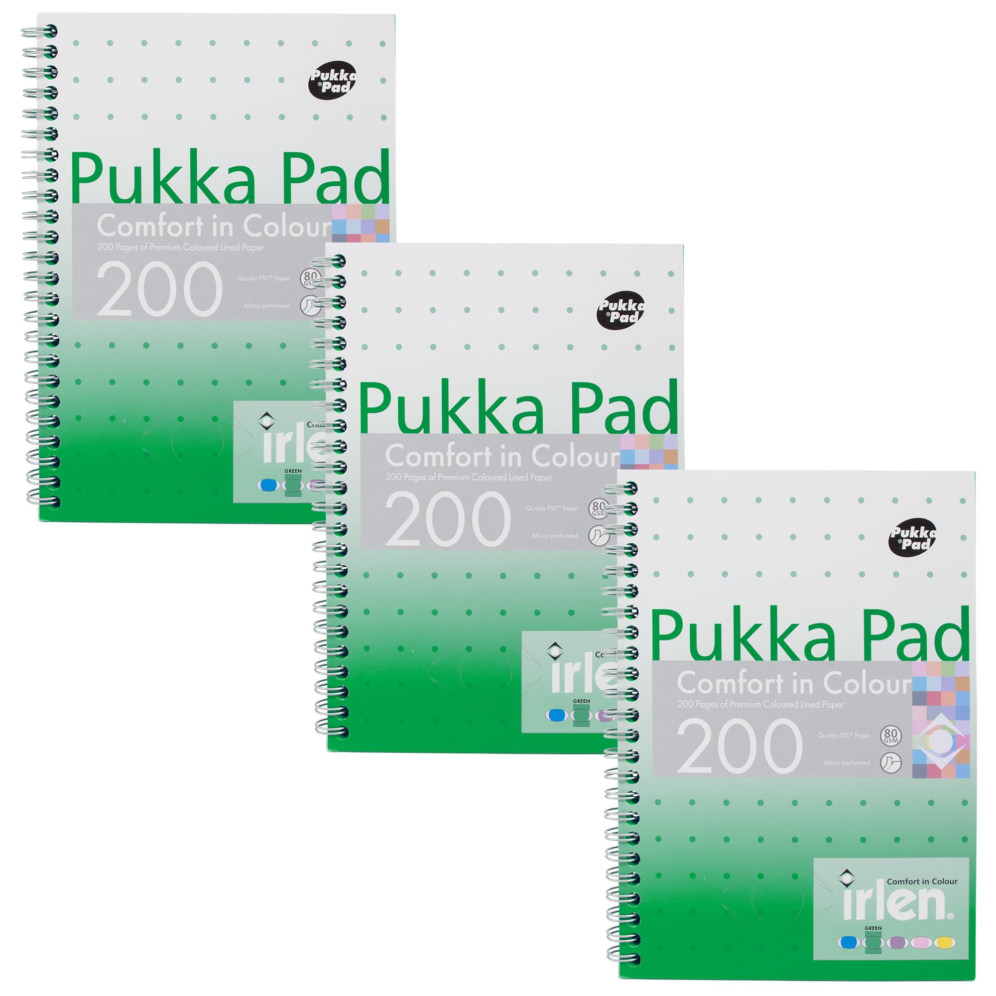 Pukka Pad, Irlen Jotta Pad A5 Notebook 3-Pack – Wire Bound Notepad 200 Pages of 80GSM Coloured FSC Certified Lined Paper – Designed for Visual Perception Difficulties – 21 x 14.8cm, Green