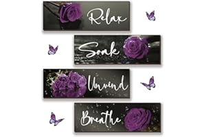ZINYAZHE 4 Pieces Purple Bathroom Wall Decor Purple Rose Wall Decor Wooden Bathroom Accessories with Relax Soak Unwind Breathe Wall Art For Girl Women Bedroom Living Room Home Decoration (Purple 12 X 4 Inch)
