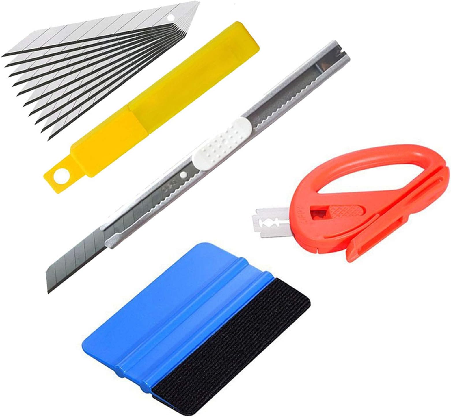 Car Glass Protective Film Installing Tools: 4.9" Felt Edge Car Squeegee,Safety Vinyl Cutter, Auto Lock Utility Knife with 10 Blades