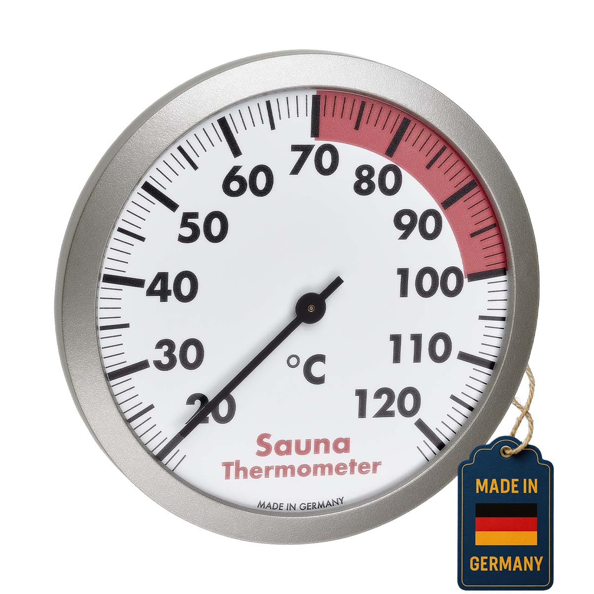 TFA Dostmann Analogue Sauna Thermometer, 40.1053.50, Measurement of the Temperature in the Sauna Area, Heat-Resistant, Silver/White, 120 cm Diameter