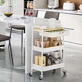 KINGRACK 3 Tier Storage Trolley on Wheels White with Wooden Top view 8