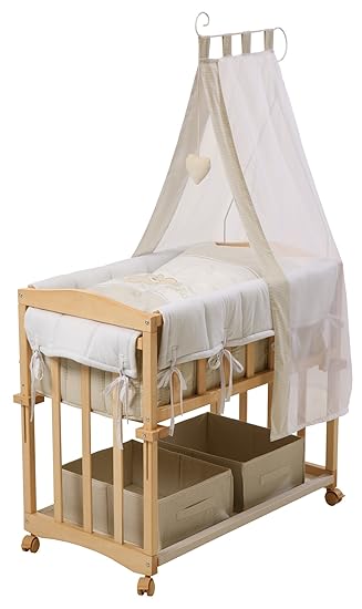 roba Stubenbett 4 in 1, 'Liebhab Bär' Beistellbett, Babybett, Wiege & Kinderbank, Holz natur inkl. kompletter Ausstattung & B