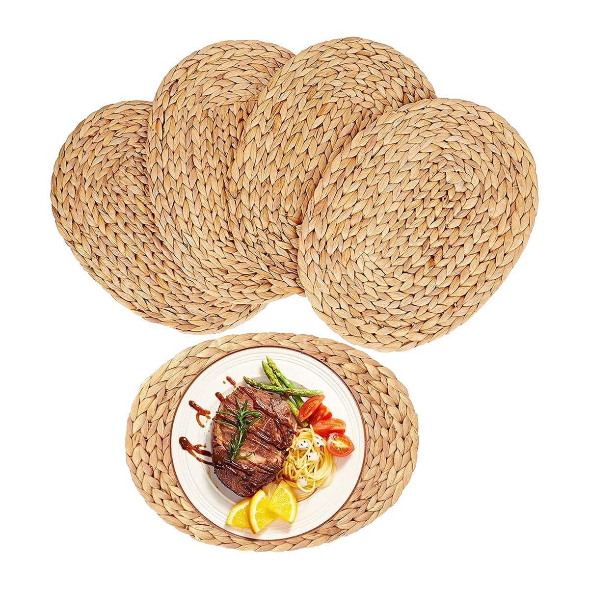 Yjijaiifd Oval Woven Placemats, Natural Water Hyacinth, Straw Braided Rattan, Non-Slip 12X16 Inches 4Pack