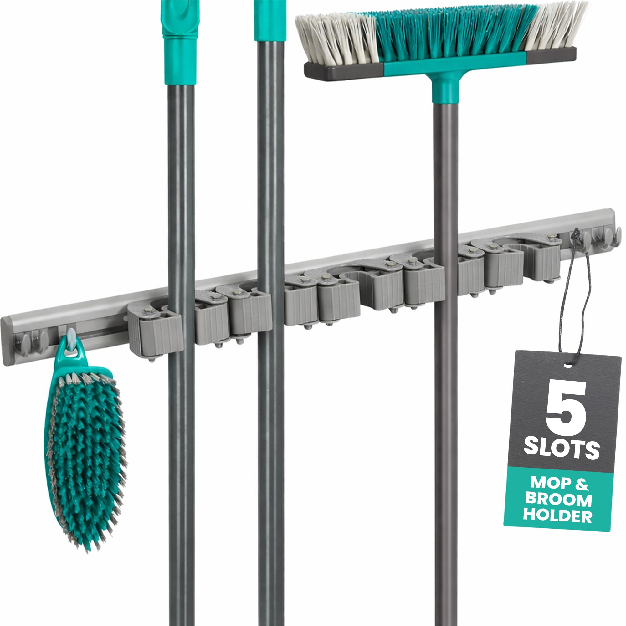 LIVIVO Mop and Broom Holder Wall Mounted - Heavy Duty Mop Holder with 5 Grippers and 6 Hooks for Bathroom, Kitchen, Garage, Garden, Tool Holder Organizer - Utility Room Brush and Broom Gripper - Grey