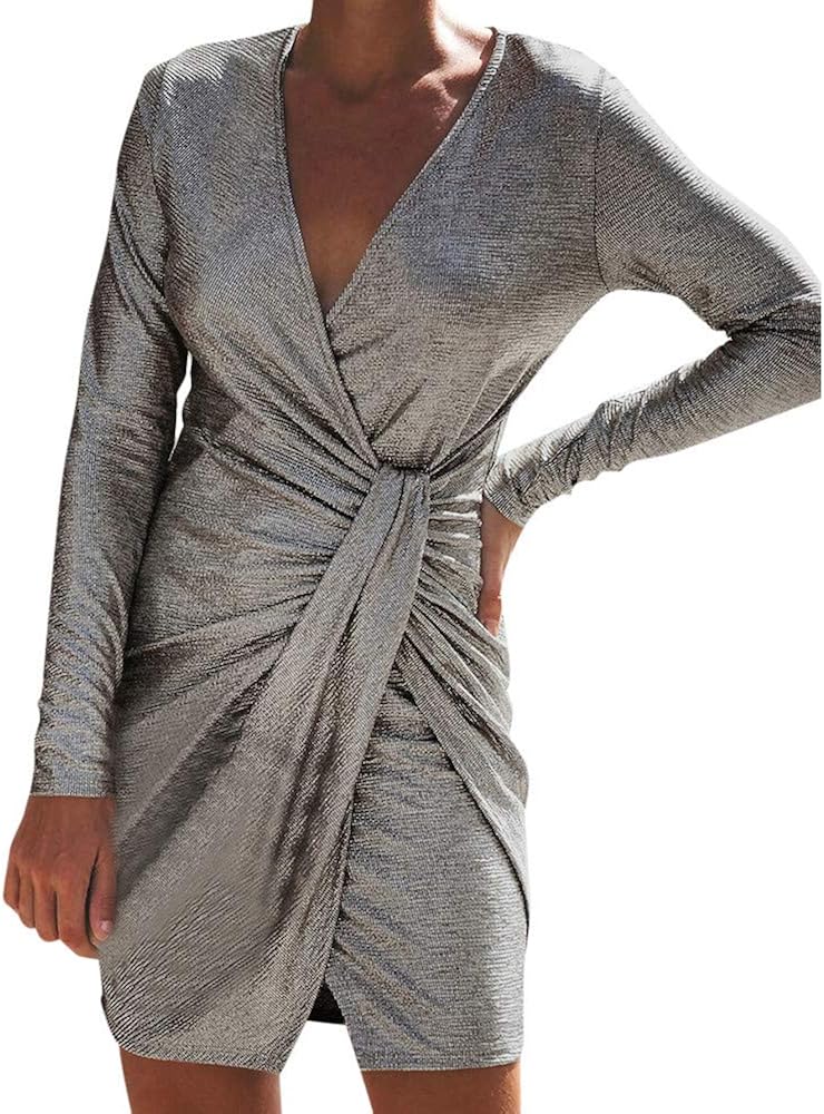 GORGLITTER Damen Bodycon Wickelkleid - Elegantes Midi Kleid Ärmellos