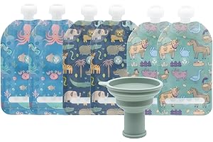 WeeSprout Double Zipper Reusable Food Pouches, Perfect for Babies & Toddlers, Freezer & Dishwasher Safe (Animals, 7 Fl Oz (Pack of 6) + Pouch Filler)